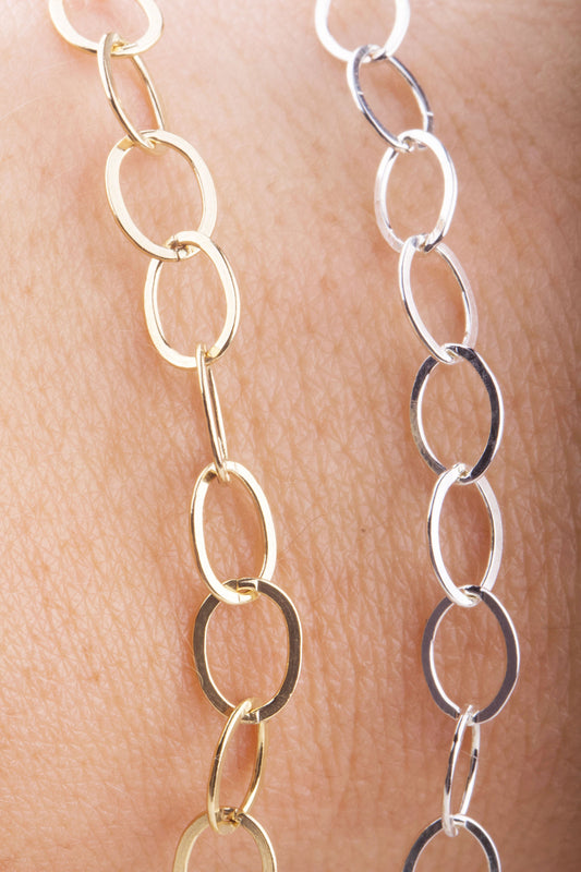 6mm x 8mm Flat Oval Cable Chain by Foot, Silver and Gold Filled, Bulk Chains for Permanent Jewelry, Charm Bracelet Chains