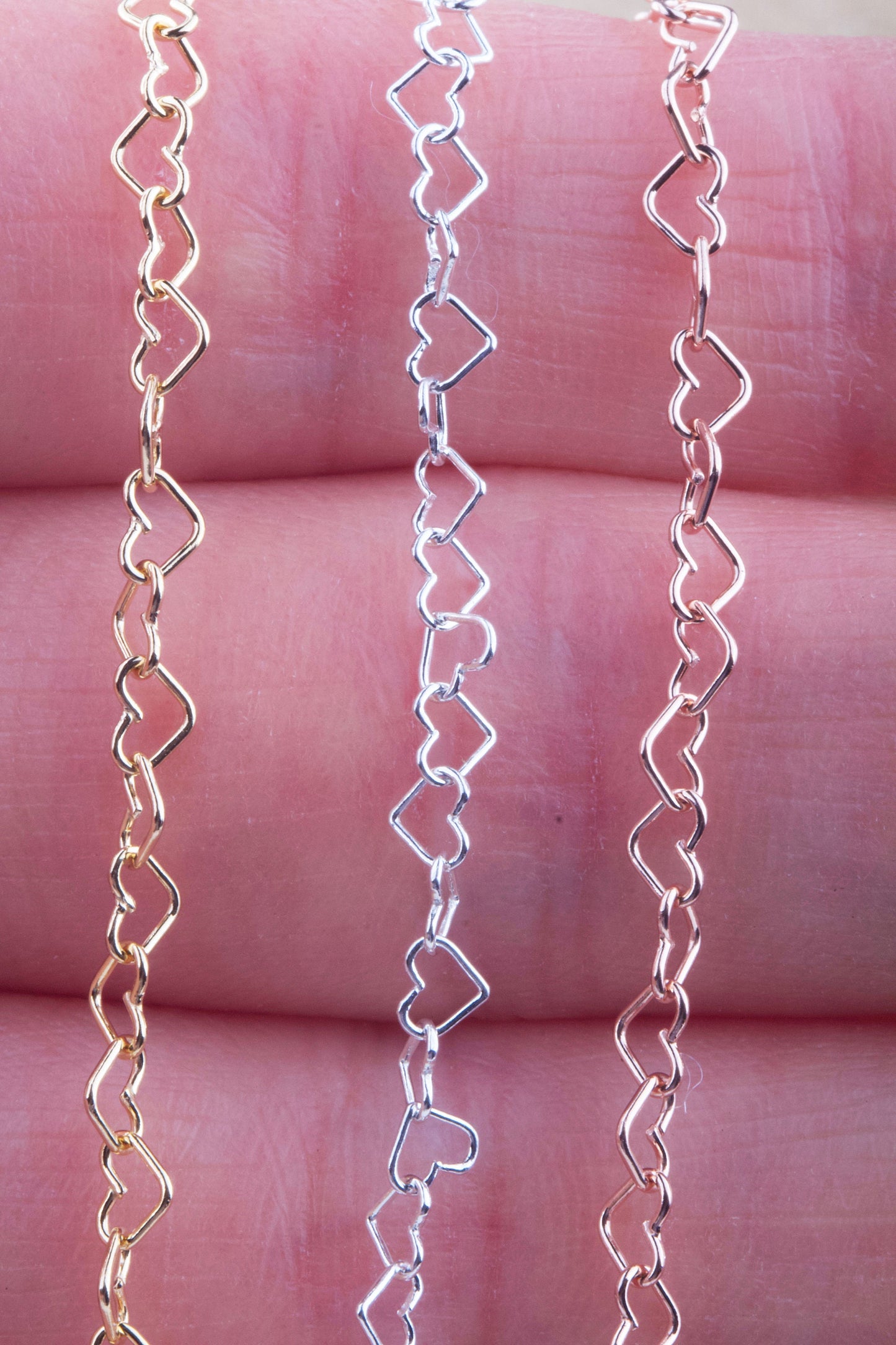 3mm x 3mm Teeny Tiny Linked Hearts in Silver, Gold Filled, Rose Gold Filled, Great for Permanent Jewelry Supplies, Heart Outline Chain