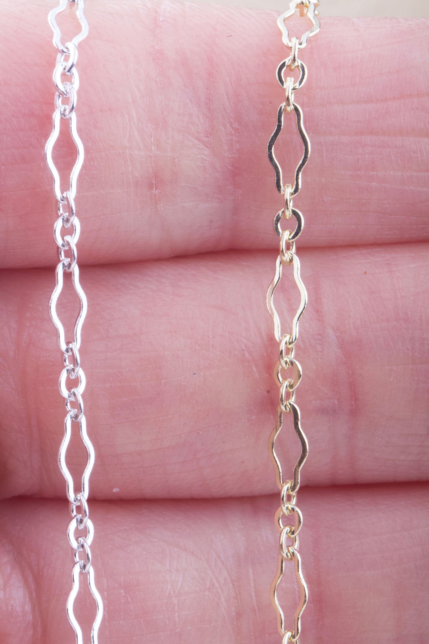 Wavy Design with 3 Links Chain by Foot in Sterling Silver and Gold Filled, Great for Permanent Jewelry, Permanent Bracelet, Anklet