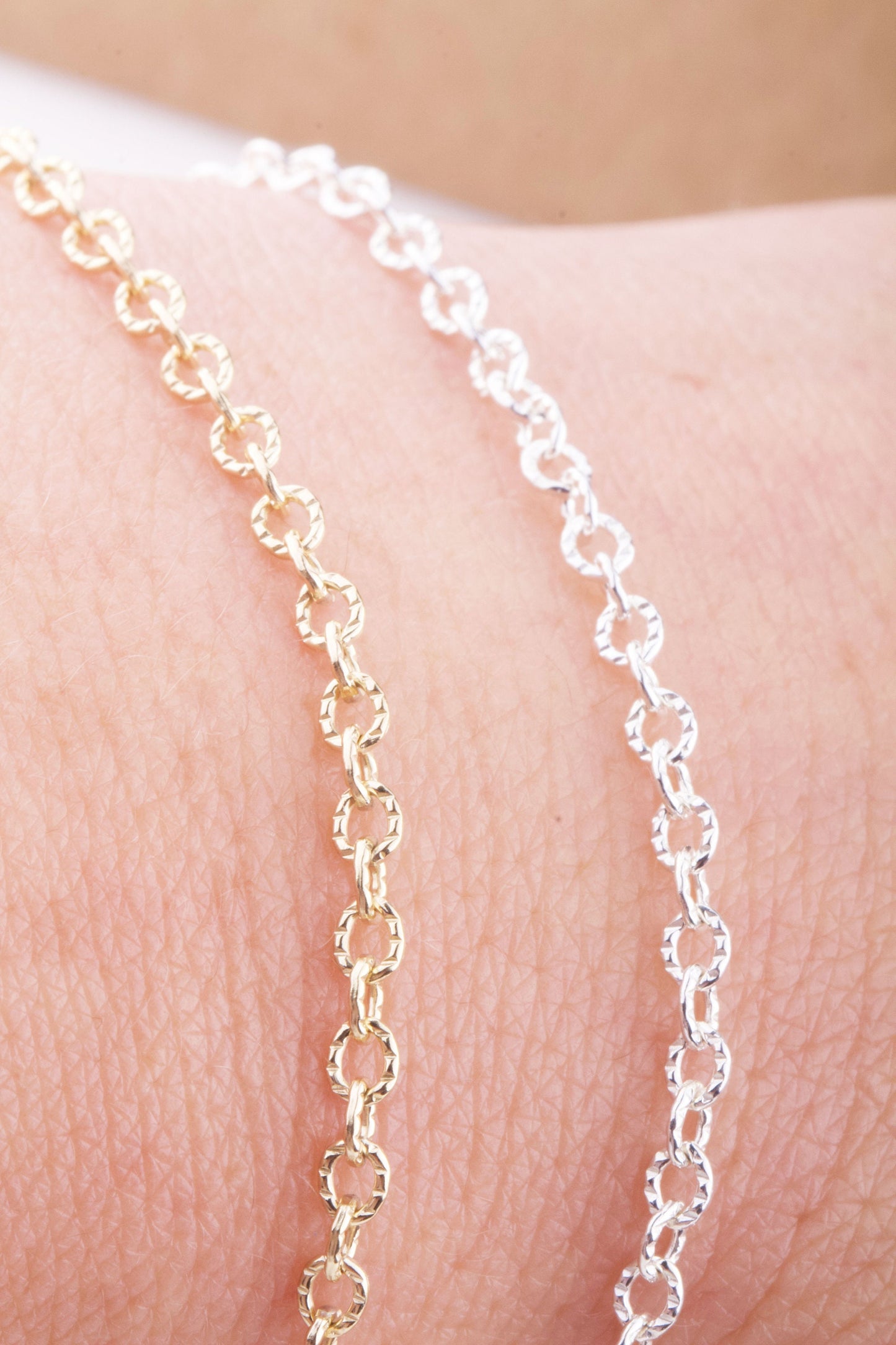 3mm x 2mm Tiny Texture Oval Chain by Foot in Sterling Silver, Gold Filled, Great for Permanent Jewelry, Permanent Bracelet, Anklet