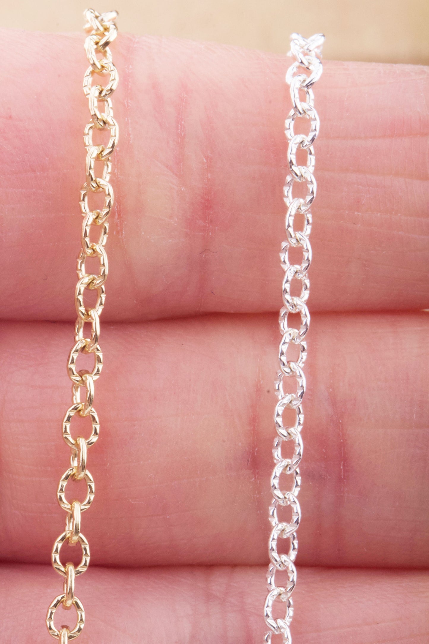 3mm x 2mm Tiny Texture Oval Chain by Foot in Sterling Silver, Gold Filled, Great for Permanent Jewelry, Permanent Bracelet, Anklet