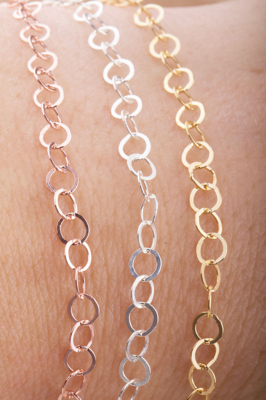 4.5mm x 4mm Flat Round Cable Chain in Sterling Silver, Gold Filled, Rose Gold Filled For Permanent Jewelry, Extension Chain, Permanent Chain