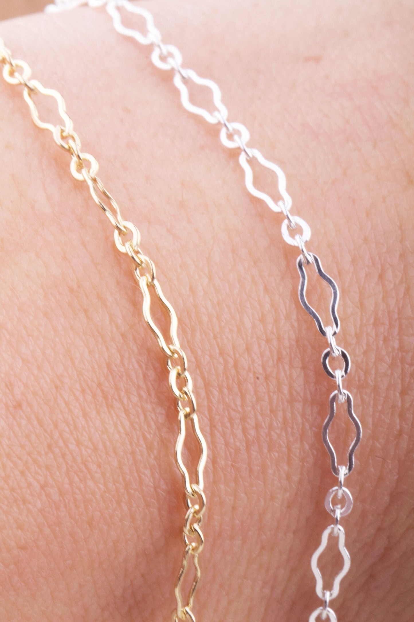 Wavy Design with 3 Links Chain by Foot in Sterling Silver and Gold Filled, Great for Permanent Jewelry, Permanent Bracelet, Anklet