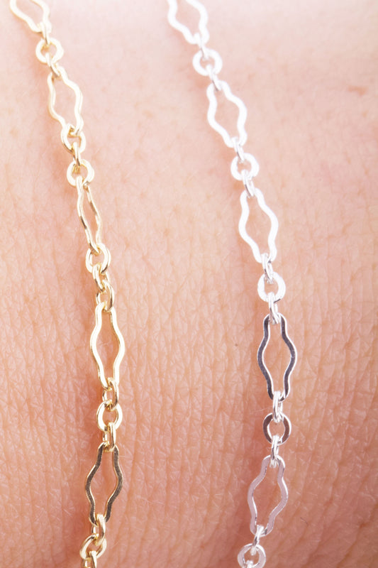 Wavy Design with 3 Links Chain by Foot in Sterling Silver and Gold Filled, Great for Permanent Jewelry, Permanent Bracelet, Anklet