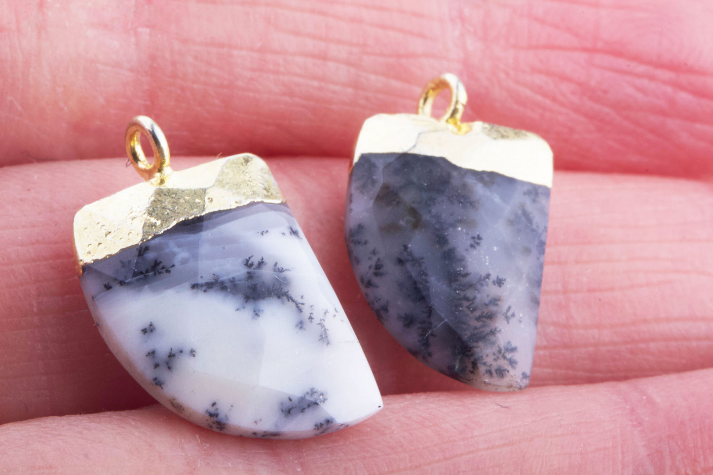 Dendritic Opal Gemstone Horn Tooth Drop Pendant, 19mm x 10mm, For Bracelet, Necklace, For Permanent Jewelry