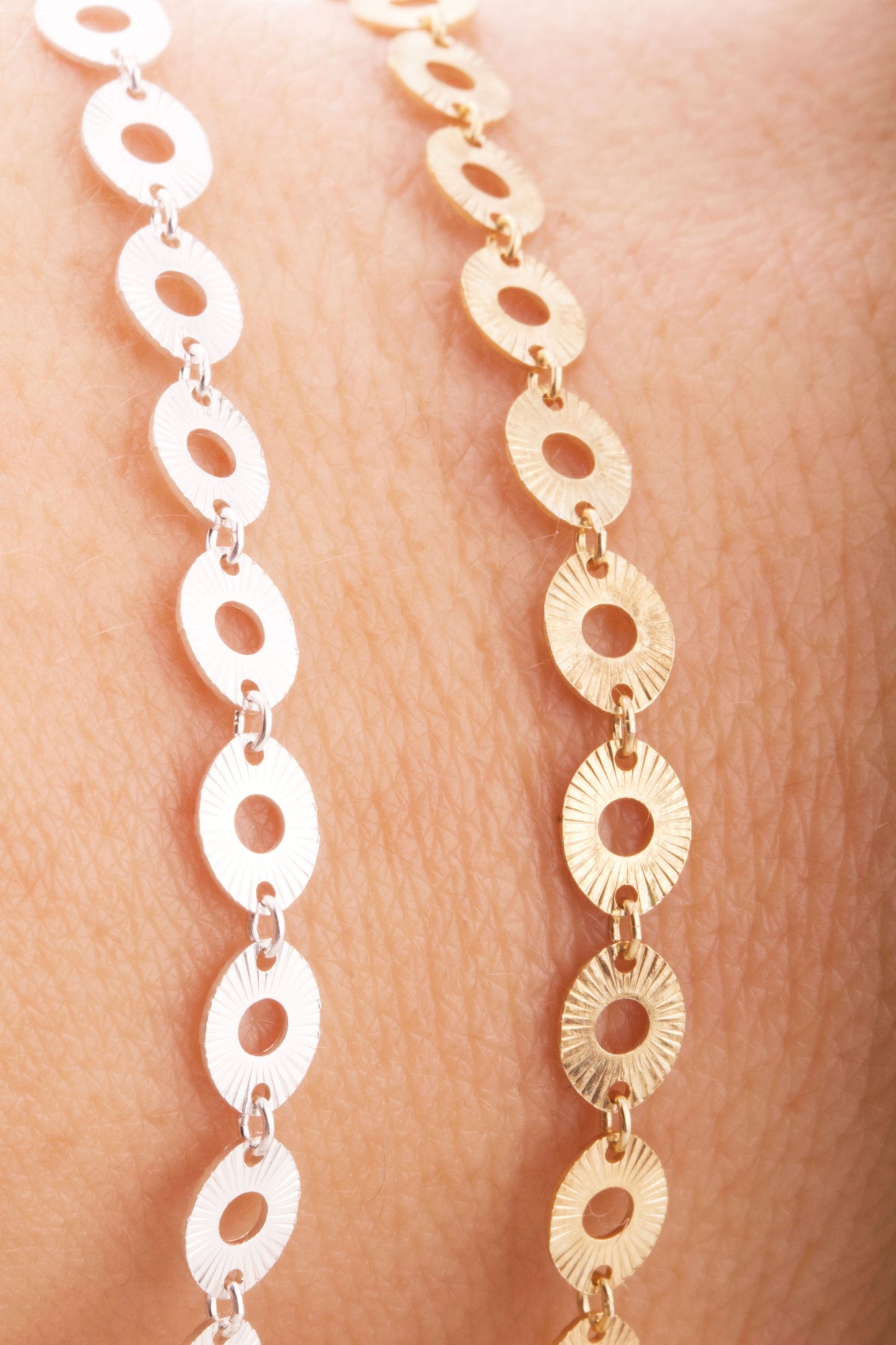 Flat Oval Sun Texture Chain by Foot in Sterling Silver, Gold Plated on Sterling Silver, Permanent Jewelry, Permanent Bracelet, Anklet