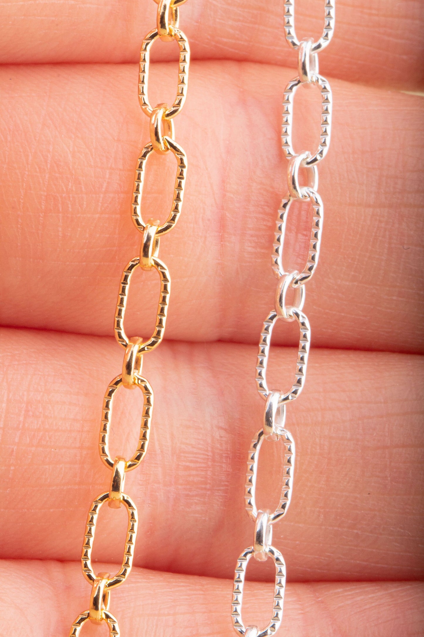 7mm x 4mm Texture Long and Short Chain by Foot in Sterling Silver, Gold Filled, Rectangle Paperclip Chain, For Permanent Jewelry Supplies