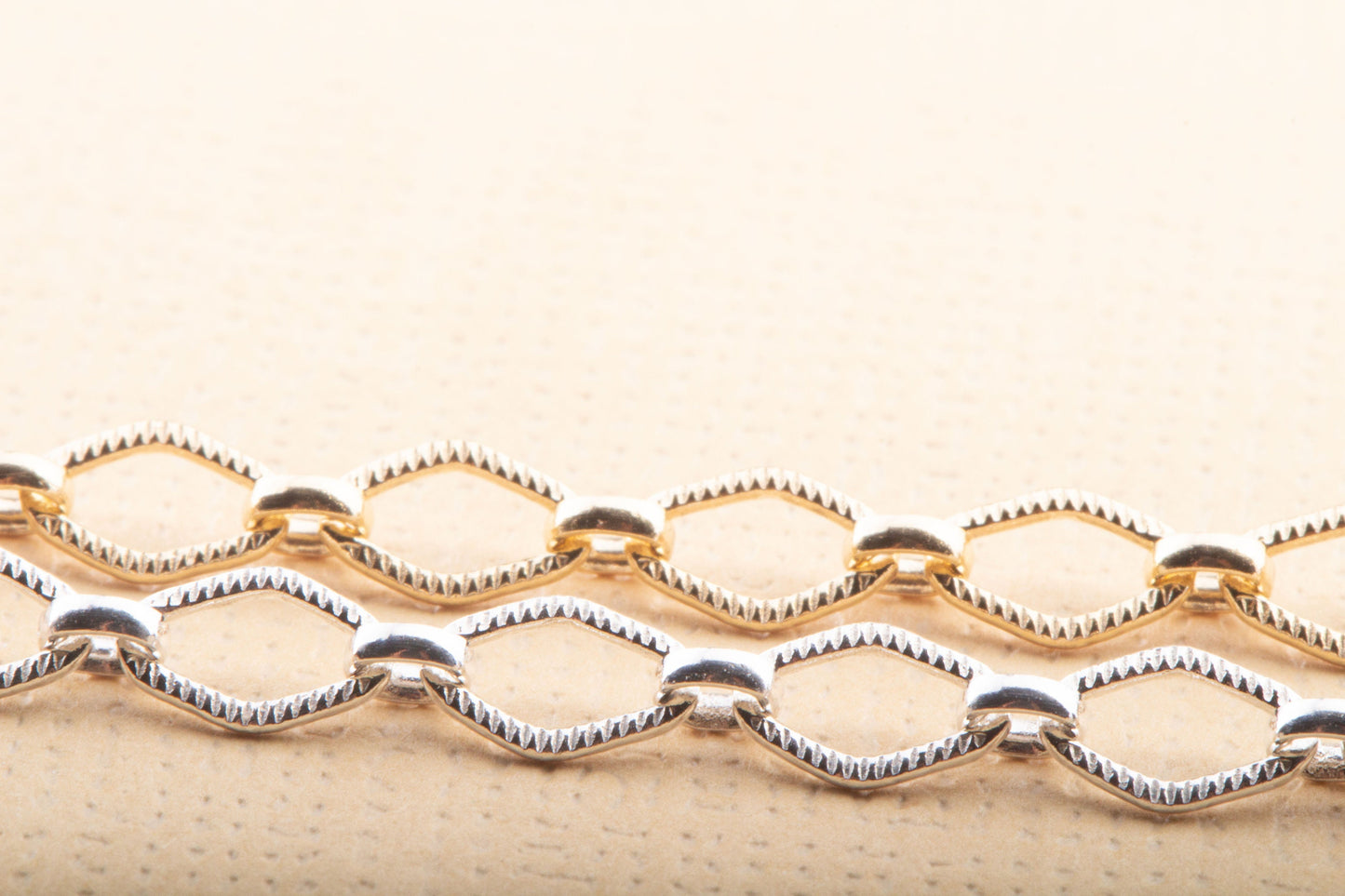 9mm x 4mm Diamond Shape Texture Chain By Foot in Gold Filled, Sterling Silver, Great for Permanent Jewelry, Permanent Bracelet