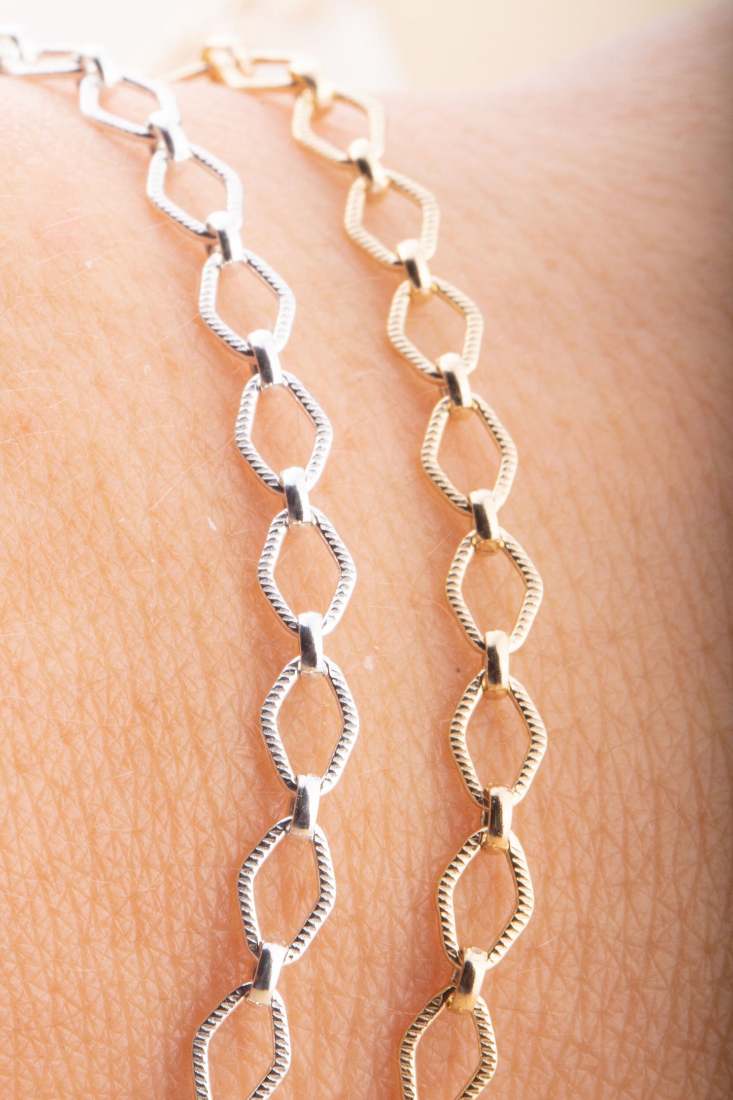 9mm x 4mm Diamond Shape Texture Chain By Foot in Gold Filled, Sterling Silver, Great for Permanent Jewelry, Permanent Bracelet