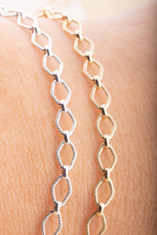 9mm x 4mm Diamond Shape Texture Chain By Foot in Gold Filled, Sterling Silver, Great for Permanent Jewelry, Permanent Bracelet