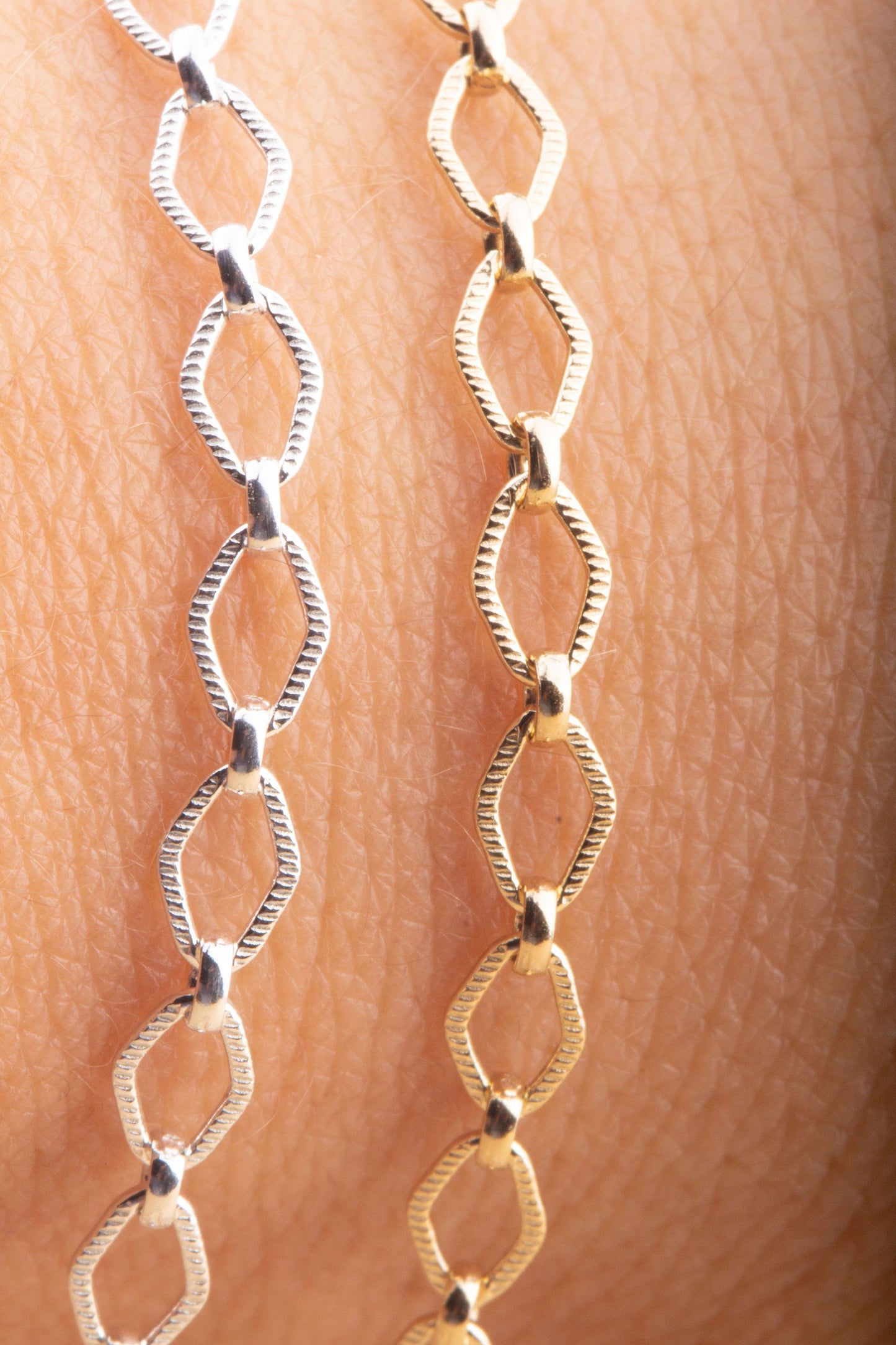 9mm x 4mm Diamond Shape Texture Chain By Foot in Gold Filled, Sterling Silver, Great for Permanent Jewelry, Permanent Bracelet