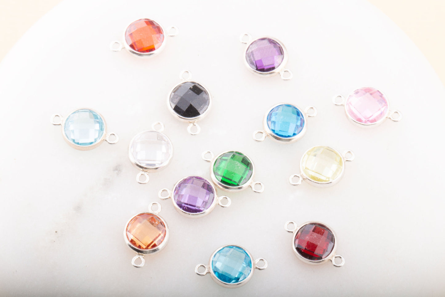 FLATBACK 6mm - Sterling Silver Birthstone Checkerboard Connectors, Top Quality Cubic Zirconia Bezel Charm, Permanent Jewelry Supply