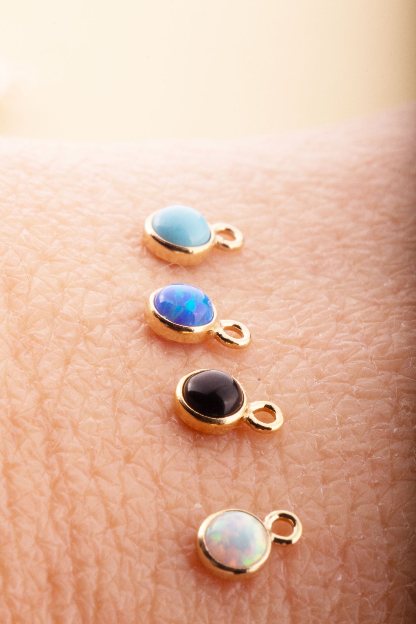 Set of 5- 3mm Turquoise, Black Onyx, Blue Opal, White Opal Gold Filled DROPS, Bracelet Connectors, Permanent Jewelry Supply