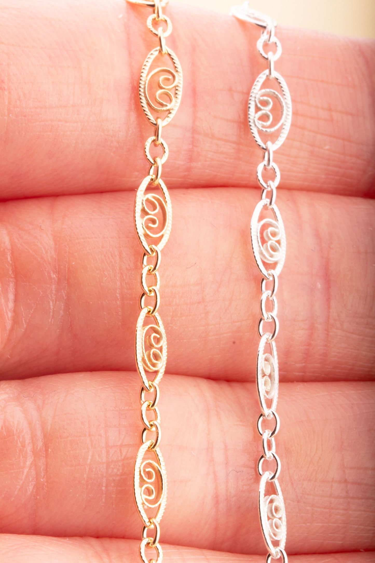 7mm x 4mm Oval Filigree Heart Chain by Foot in Sterling Silver, Gold Filled, Great for Permanent Jewelry, Linked Oval Hearts, USA Made