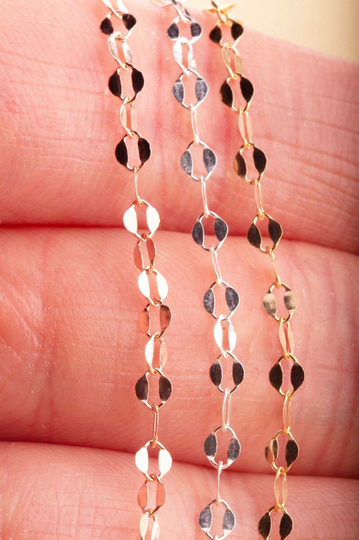 3mm x 3.5mm Tiny Lace Dapped Chain by Foot in Sterling Silver, Gold Filled, Rose Gold Filled, Great for Permanent Jewelry, Dainty Lace Chain