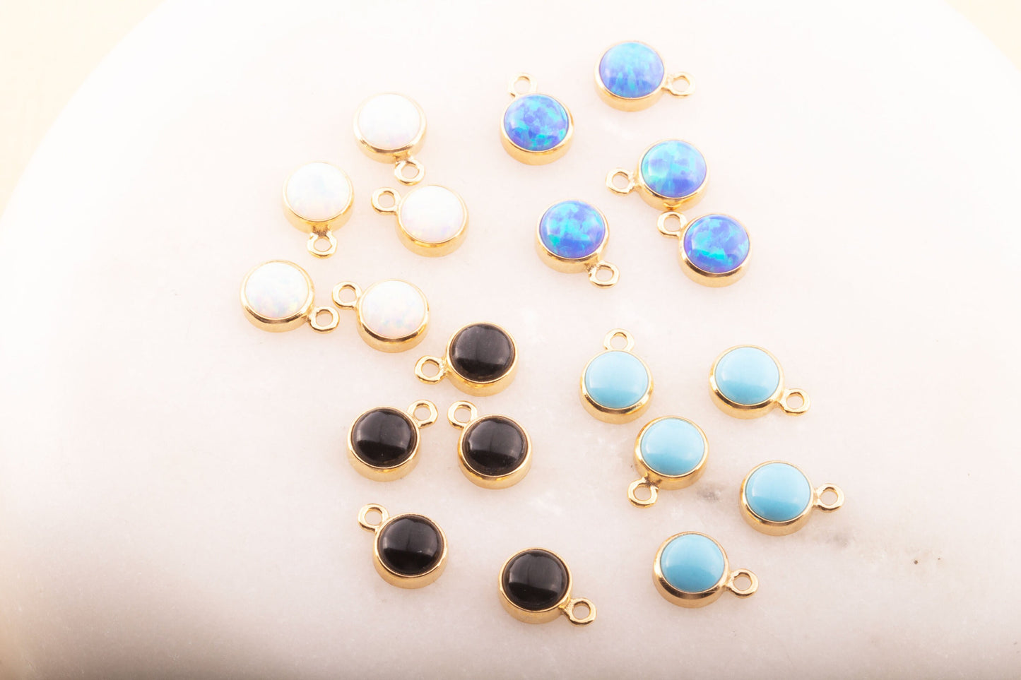 Set of 5- 4mm Turquoise, Black Onyx, Blue Opal, White Opal Gold Filled DROPS, Bracelet Connectors, Permanent Jewelry Supply