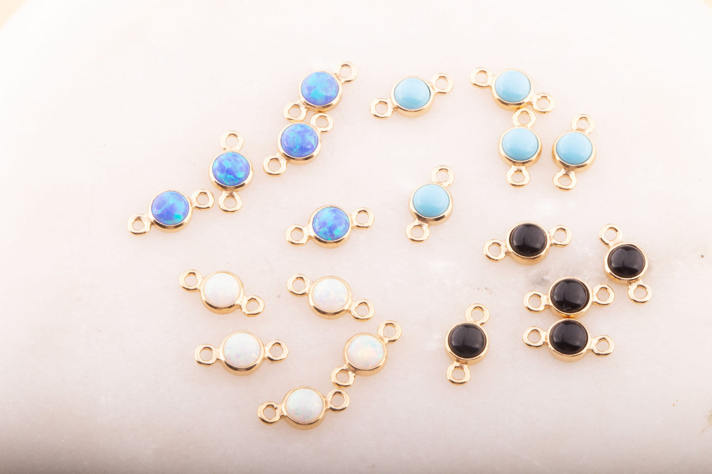 Set of 5- 3mm Turquoise, Black Onyx, Blue Opal, White Opal Gold Filled CONNECTORS, Bracelet Connectors, Permanent Jewelry Supply