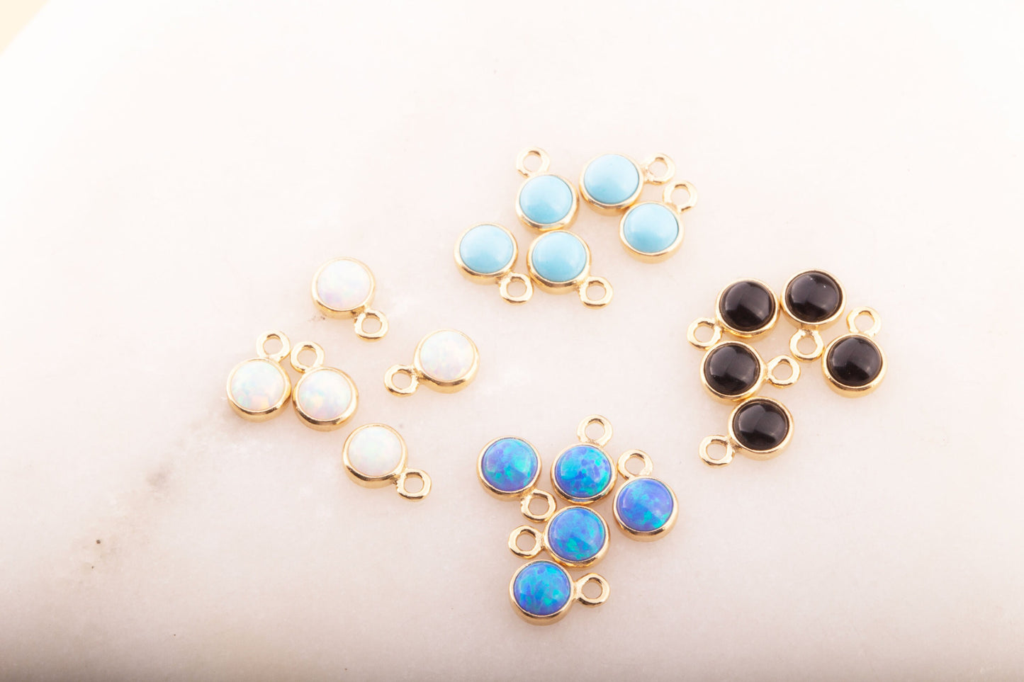 Set of 5- 3mm Turquoise, Black Onyx, Blue Opal, White Opal Gold Filled DROPS, Bracelet Connectors, Permanent Jewelry Supply