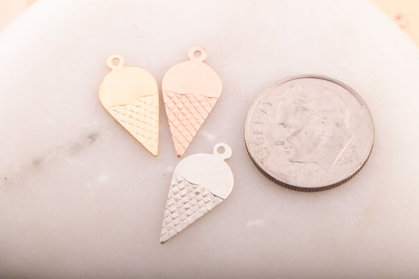 Ice Cream Cone Stamping Charm in Silver, Gold Filled, Rose, Dessert Treat, 24 Gauge, Lover of Ice Cream, For Permanent Jewelry, Summer Treat